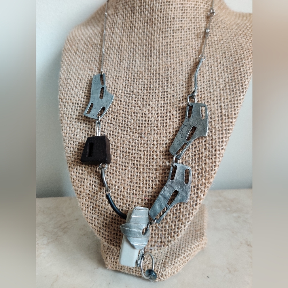 Modernist Anne Marie Chagnon Geometric Pewter Necklace